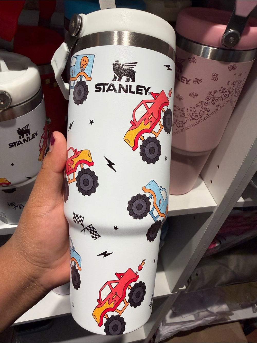 Stanley White Kids Tumbler with Red & Blue Monster Truck Print